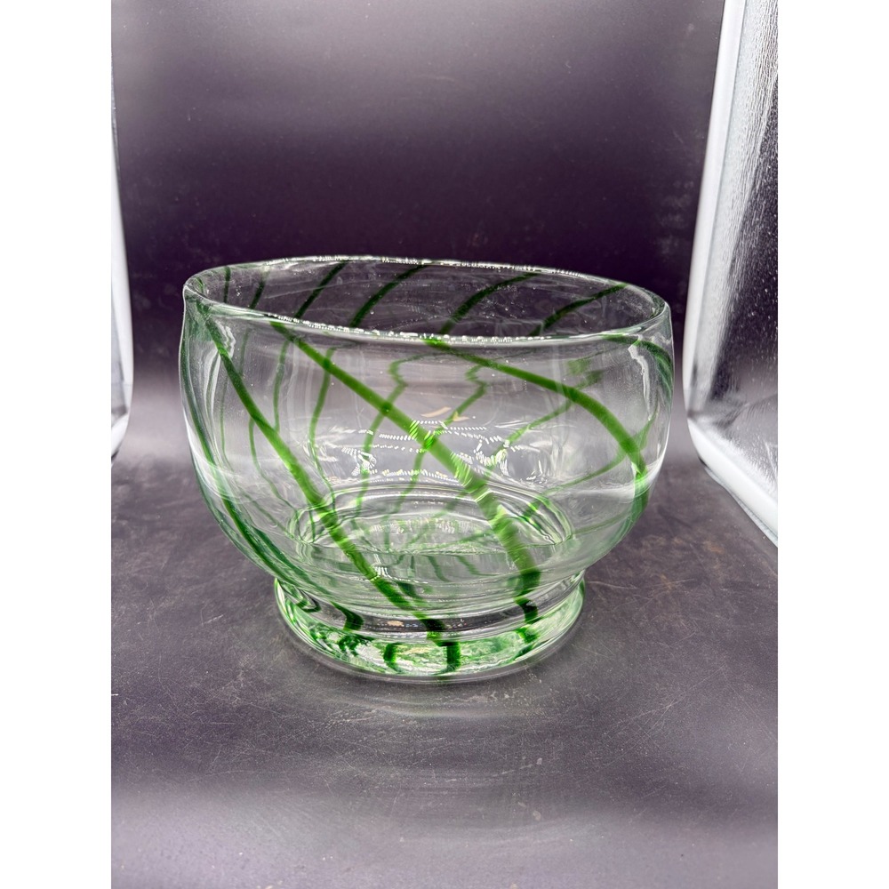 Green Swirl Hand Blown Art Glass Footed Centerpiece Bowl Clear Spiral Pattern